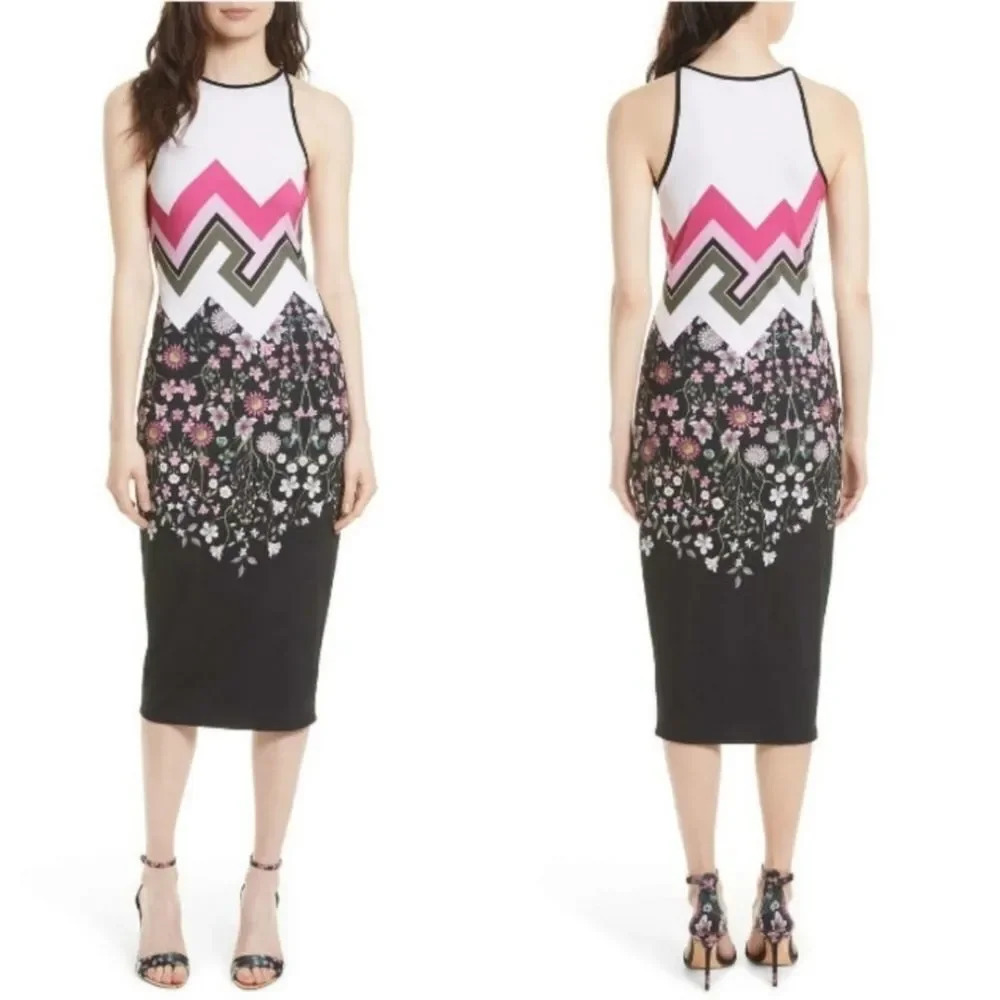 Ted Baker Women Pink & Black Crew Neck Floral Print Midi Dress Size 2 U.…